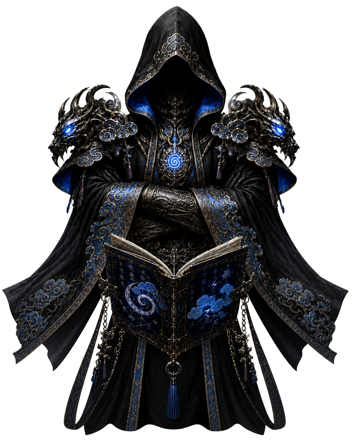 Avatar encapuzado de Evtsu com armadura azul ornamentada e um livro aberto