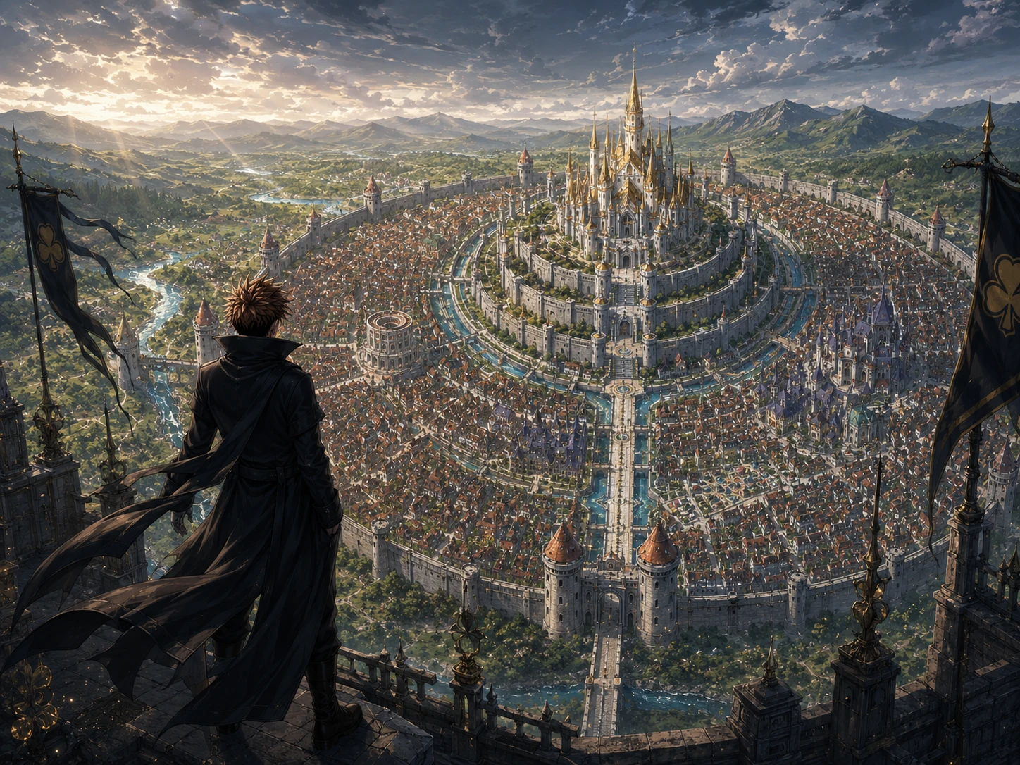 Aventureiro contempla a capital circular de um reino mágico