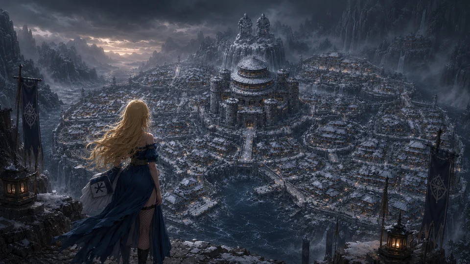 Mizukage observa uma cidade fortificada entre montanhas geladas